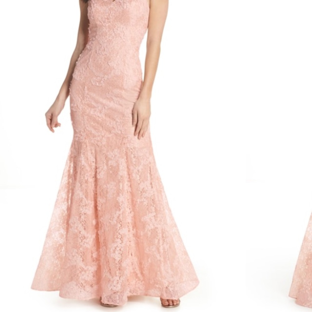 XSCAPE 6 Ruched Lace Mermaid blush bridesmaid